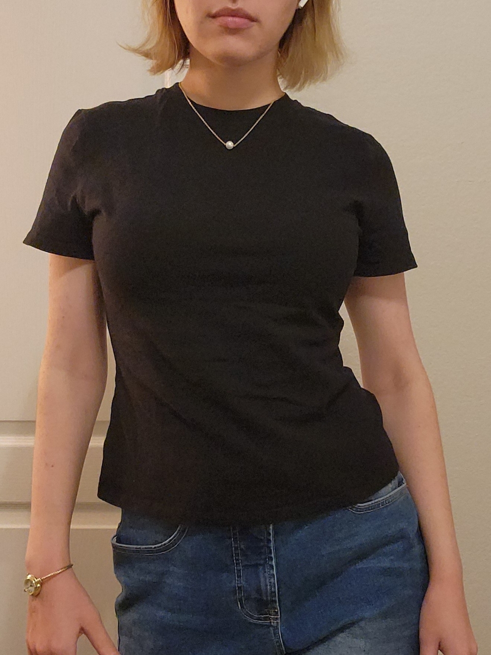 Women L Black Fitted Short Sleeve Crew Neck T Shirt Stretchy Basic Tee Top